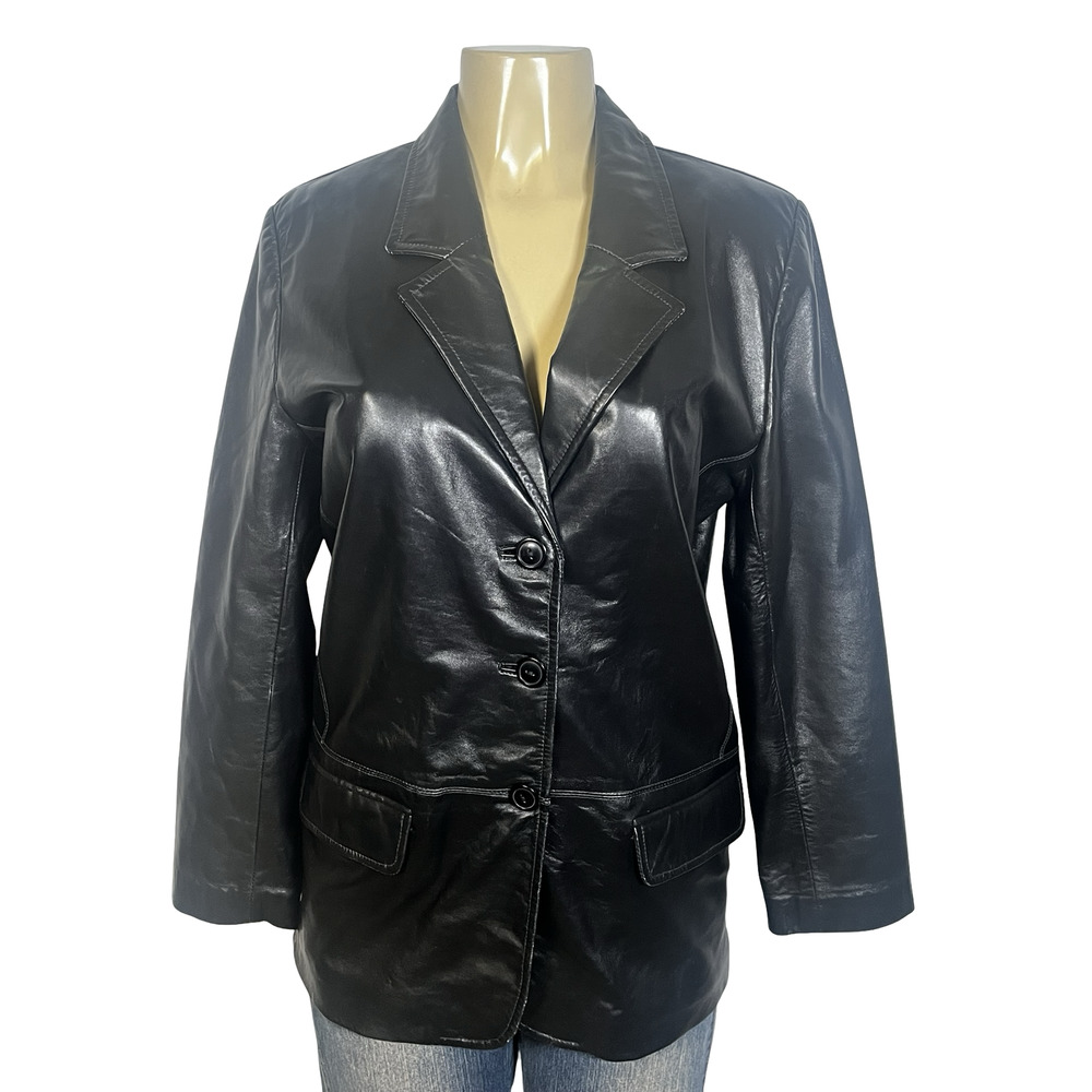 Margaret Godfrey Jacket Womens 8P Black Leather Blazer Petite 3‎ Button Coat